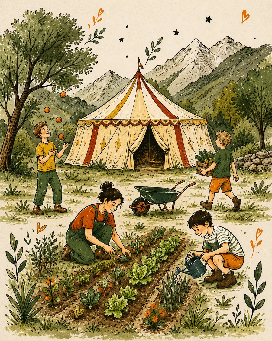 Illustration d’enfants autour du chapiteau et du potager Uto’Pistes, dans les montagnes de la Vésubie