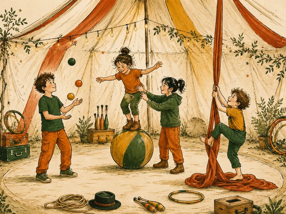 Des enfants expérimentent le jonglage, l’équilibre et le tissu sous le chapiteau