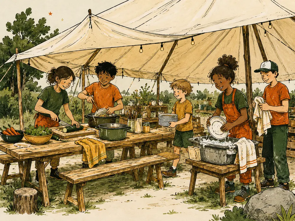 Des enfants préparent un repas et font la vaisselle ensemble sous le barnum