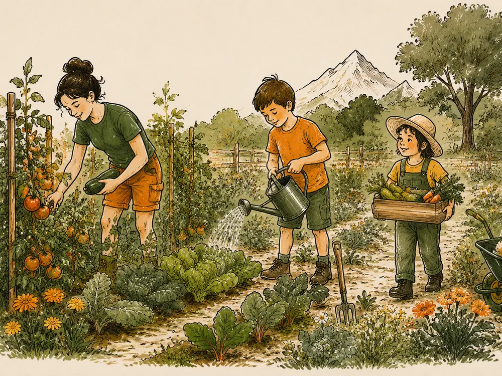 Des enfants récoltent et arrosent les légumes du potager