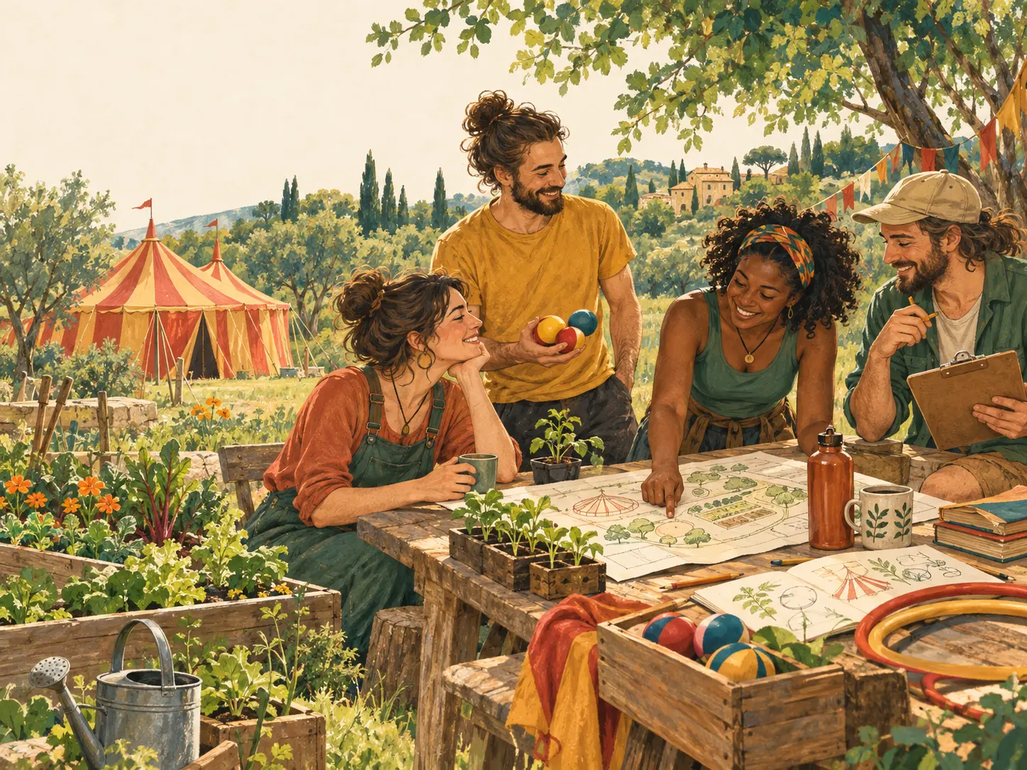 Illustration d’une équipe préparant ensemble des activités, entre chapiteau et potager.